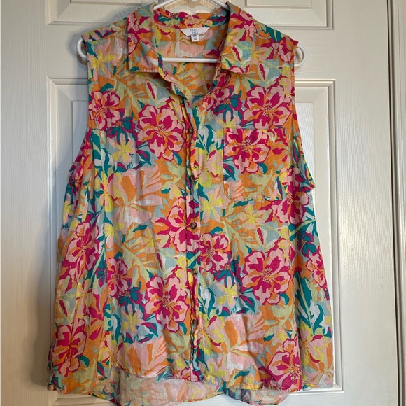 Time and Tru Vibrant Floral Sleeveless Blouse - Pink, Orange, Blue - Picture 1 of 10